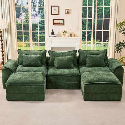 Hobestluk 120" Cloud Modular Sectional Couch 3-Seater Sofa with Ottomans U Shaped Couch Deep Seat Sofa with Removable Cover Large Sofa for Living Room (Green, 3-Seater Sofa with Two Ottomans)