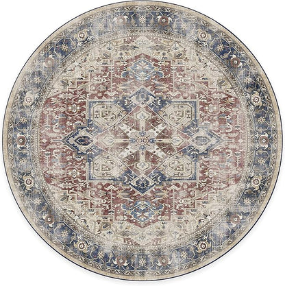 RUGGABLE Washable Vintage Area Rug – Kamran Royal Blue 8 ft Round, Stain-Resistant, Non-Slip – Large Machine Washable Rugs for Living Room, Bedroom, Hallway, Entryway & Office–with Cushioned Pad