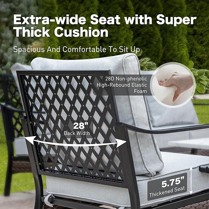 5 Piece Metal Outdoor Patio Furniture Set, Patio Conversation Sets 3-Seater Sofa, 2-Seater Sofa, 2 Rocking Sofa with 5.75" Cushion & Coffee Table Black Backyard Furniture, Light Gray