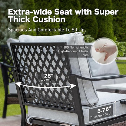 5 Piece Metal Outdoor Patio Furniture Set, Patio Conversation Sets 3-Seater Sofa, 2-Seater Sofa, 2 Rocking Sofa with 5.75" Cushion & Coffee Table Black Backyard Furniture, Light Gray
