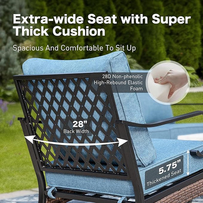 5 Piece Metal Outdoor Patio Furniture Set, Patio Conversation Set with 3-Seater Sofa, Loveseat, 2 Rocking Sofa (5.75" Thick Cushion) & Coffee Table Black Backyard Furniture, Denim Blue
