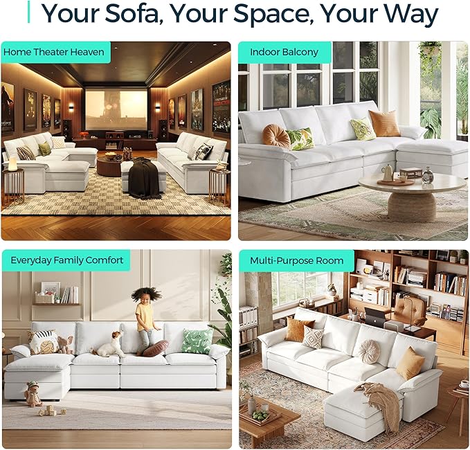 LINSY HOME U Shaped Cloud Couch Sectional Sofa, 115" Modular Couches with Double Chaise Lounge, Chenille 4 Seater Sofa Set for Living Room, Apartment, Office, Beige