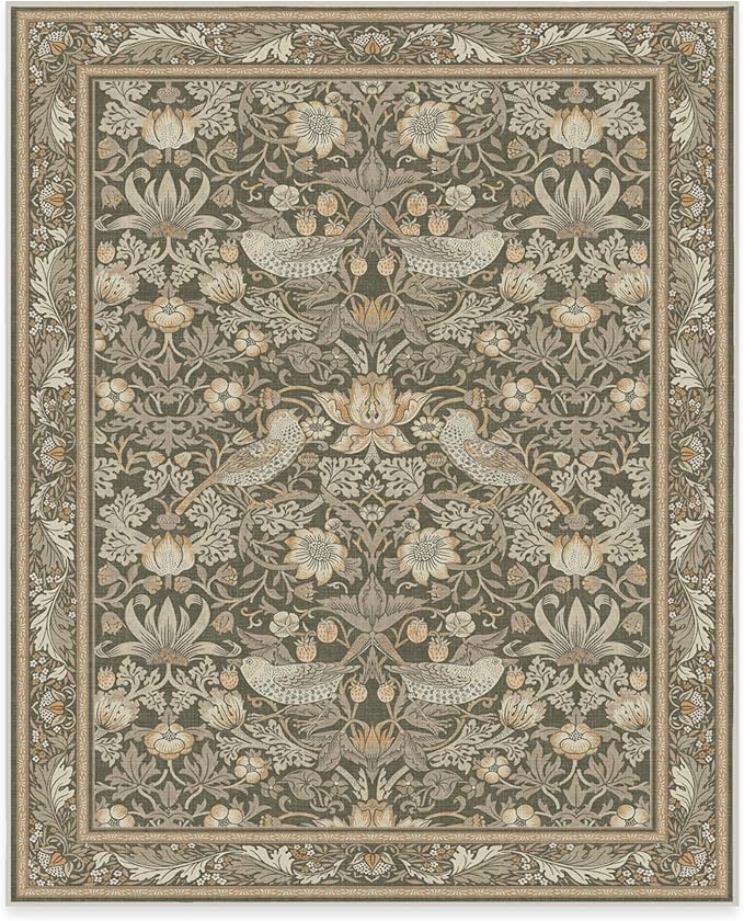 RUGGABLE x Morris & Co Washable Area Rug–Strawberry Thief Stone Gold 8x10, Stain-Resistant, Non-Slip–Large Machine Washable Rugs for Living Room, Bedroom, Hallway, Entryway & Office–with Standard Pad