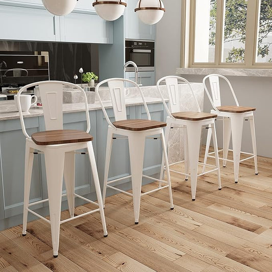 Aklaus Swivel Metal Bar Stools with Backs Counter Stools Set of 4 Counter Height Stools High Back Bar Chairs 24 Inch Barstools Farmhouse White Cream