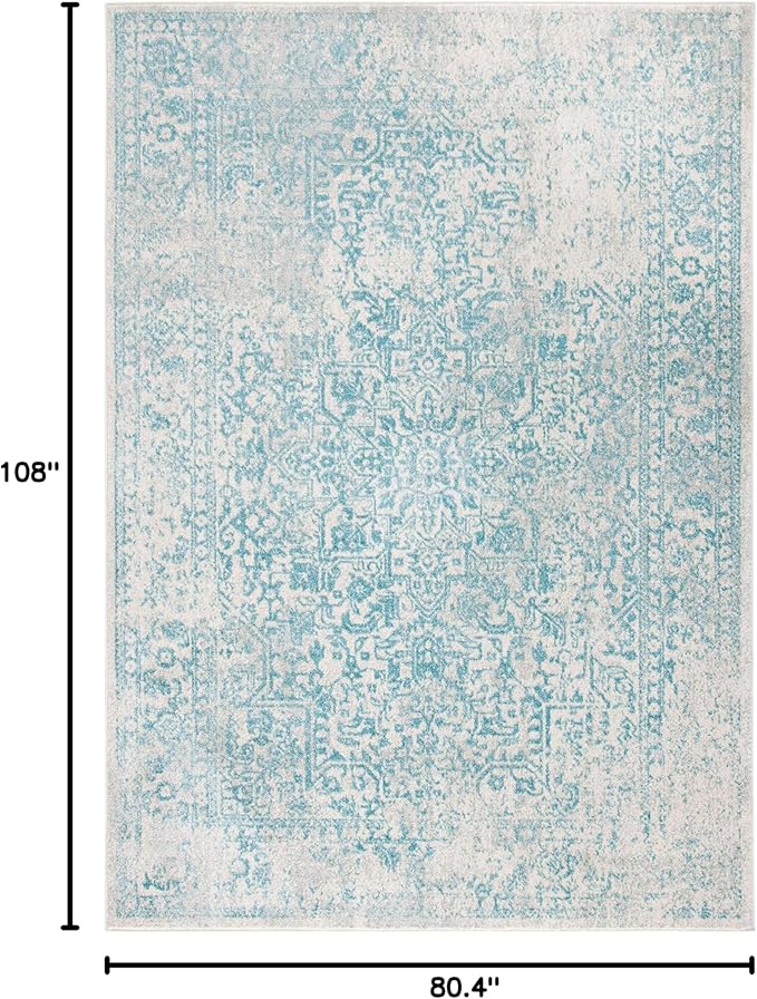 SAFAVIEH Evoke Collection 6'7" x 9' Ivory / Aqua EVK256J Oriental Distressed Non-Shedding Living Room Bedroom Dining Home Office Area Rug