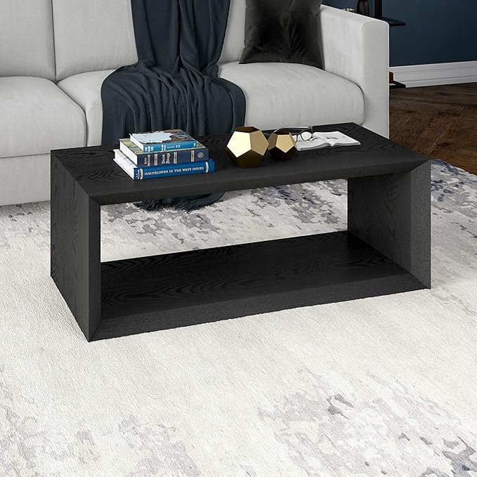 Henn&Hart 48" Rectangular Wood Coffee Table with Open Storage Shelf for Living Room, Family Room, or Office, Black Grain