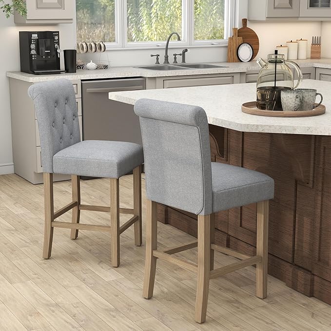 GOTMINSI 24" Bar Stools Set of 2 for Kitchen Island Upholstered Counter Height Bar Stools with Button Tufted Decoration Barstools Home Kitchen Island Wooden Bar Chairs Grey
