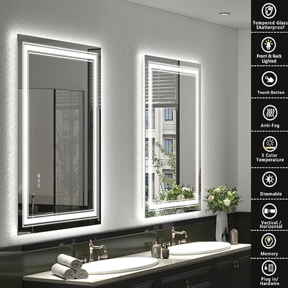 20x28 LED Bathroom Mirror, Vanity Mirror with Lights, Backlit and Front lit Mirror for Wall, Dimmable, Anti-Fog, Shatterpoof, Memory (Horizontal/Vertical)