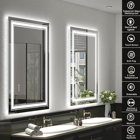 20x28 LED Bathroom Mirror, Vanity Mirror with Lights, Backlit and Front lit Mirror for Wall, Dimmable, Anti-Fog, Shatterpoof, Memory (Horizontal/Vertical)