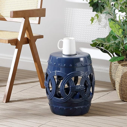JONATHAN Y TBL1022B Lucky Coins 16" Chinese Ceramic Drum Indoor/Outdoor Garden Stool Bohemian, Coastal, Classic, Cottage, French Country, Traditional, Side Table, Plant Stand, Spill-Proof, Navy