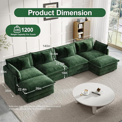 Modular Sectional Sofa, 146.5 Inch U-Shaped Cloud Sofa with Deep Seat Chenille Sofa with Cushions, Four Seater Sectional Sofa for Living Room Apartment,Evergreen