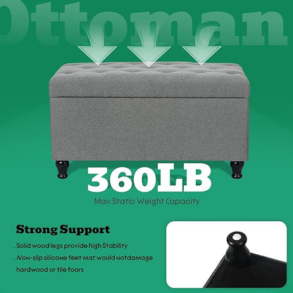 Ottoman with Storage 32'' Ottoman Storage Bench Fabric Ottomans Footstools Upholstered Foot Rest Stool for Couch, Living Room, Bedroom, Entrance Shoe Bench Gray