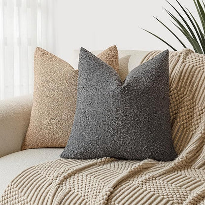 Foindtower Set of 2, Decorative Textured Boucle Throw Pillow Covers Accent Solid Pillow Cases Neutral Soft Cozy Couch Cushion Case for Chair Sofa Bedroom Living Room Home Decor 24 x 24 Inch Dark Grey