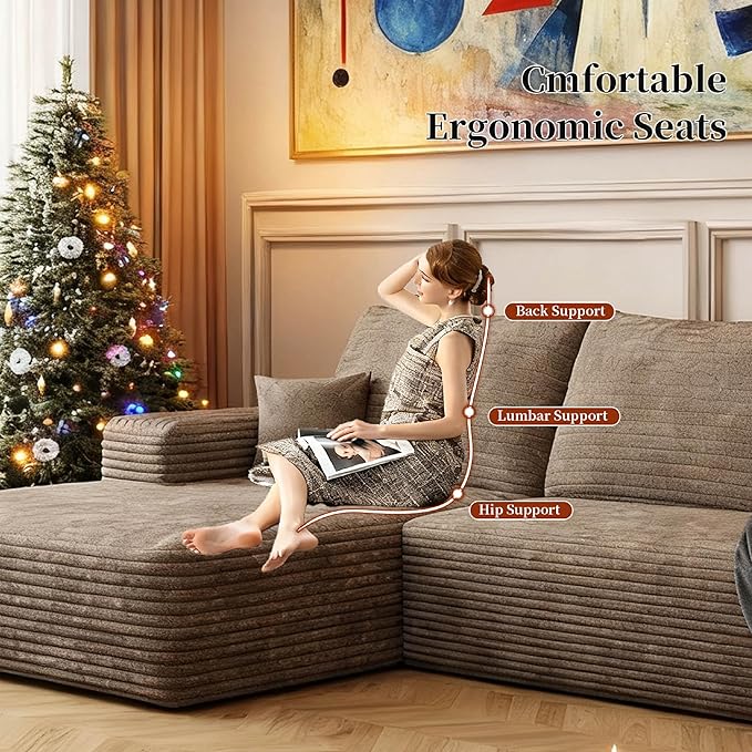 107.5" Boneless L-Shaped Modular Sectional Sofa Couches for Living Room, Corduroy Upholstered Couch with Deep Seat, Large 2-Seater Cloud Sectional Couch, No Assembly, (Camel, Left Facing Chaise)