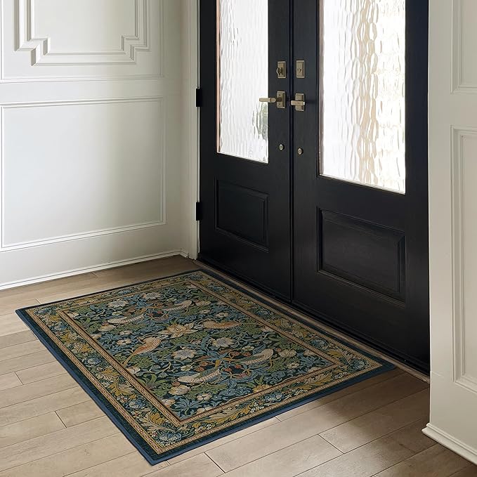 RUGGABLE x Morris & Co Washable Area Rug – Strawberry Thief Indigo 3x5, Stain-Resistant, Non-Slip – Small Machine Washable Rugs for Living Room, Bedroom, Hallway, Entryway & Office–with Standard Pad