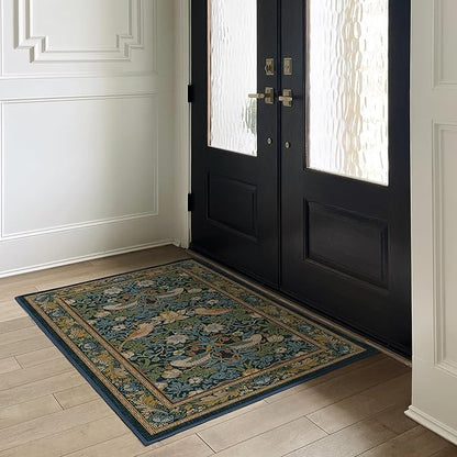 RUGGABLE x Morris & Co Washable Area Rug – Strawberry Thief Indigo 3x5, Stain-Resistant, Non-Slip – Small Machine Washable Rugs for Living Room, Bedroom, Hallway, Entryway & Office–with Standard Pad