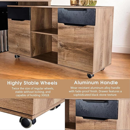 70.87 Inch L Shaped Executive Office Desk with 2 Drawers, Modern Home Office Desk with File Cabinet, Business Furniture w/Stand Under Desk Storage Organizer with 4 Wheels