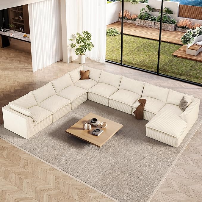 Vesgantti 204.7" Oversized Sectional Boneless Couch, Modern 9 Seater Modular Sofa with Chaise, Deep Seat Convertible Plush Corduroy Cloud Couches for Living Room, No Assembly Required, Beige