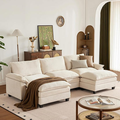 114 Inch Cloud Couch Sectionals with Ottoman, Big Comfy Modular Couches, Cloud Sofas, L Shaped 5 Seat Modular Sectional Sofa, Modern Sectional Couches for Living Room, Deep Seat Sofa, Beige
