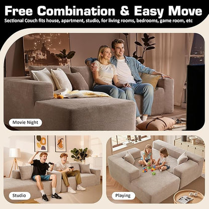 106" Cloud Sectional Couch with Chaise Lounge,L Shaped Modular Modern Sofa,Comfy Corduroy Fluffy Couches with Deep Seat,No Assembly Required Couch for Living Room(Left,Stripe Corduroy,Camel)