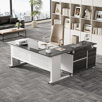 LITTLE TREE Large Computer Desk with File Cabinet, 63-Inch Executive Desk L Shaped Office Desk with Drawers and Storage Shelves, Business Furniture Desk Workstation for Home Office (Grey + White)