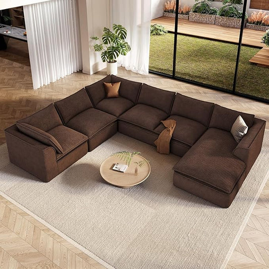 Vesgantti 141.7" Oversized Boneless Sectional Couch, Modern 7 Seater Modular Sofa with Chaise, Deep Seat Convertible Corduroy Cloud Couches for Living Room, No Assembly Required, Dark Brown