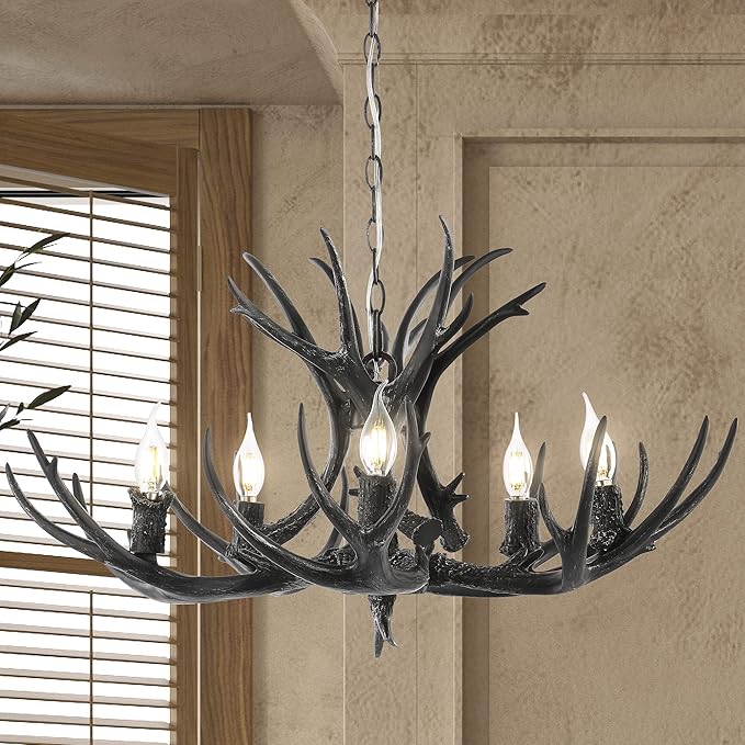 JONATHAN Y JYL6300C Eldora 30" Adjustable Resin Antler 5-Light LED Chandelier, Glam, Rustic,Cottage,Transitional, Dimmable Dining Room, Living Room, Kitchen, Foyer, Bedroom, Black