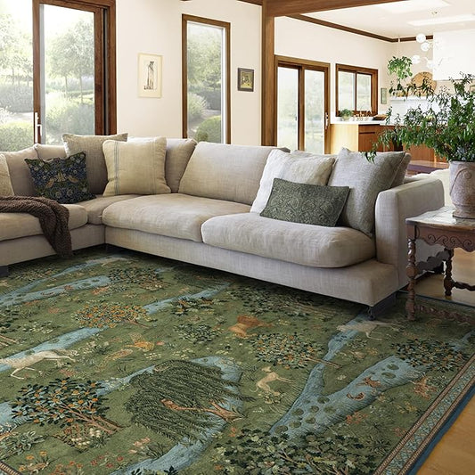 RUGGABLE x Morris & Co Washable Area Rug – Owl & Willow Green 9x12, Stain-Resistant, Non-Slip – Large Machine Washable Rugs for Living Room, Bedroom, Hallway, Entryway & Office–with Standard Pad