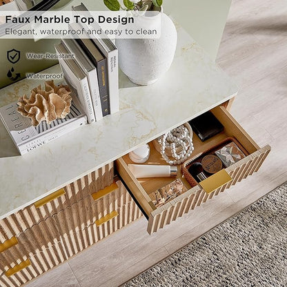 T4TREAM Fluted 7 Drawers Dresser, 54" Wide Modern Chest of Drawers with Faux Marble Top, Curved Profile Design, Dresser TV Stand, Wood Drawer Organizer for Bedroom, Living Room, Hallway, Natural Oak