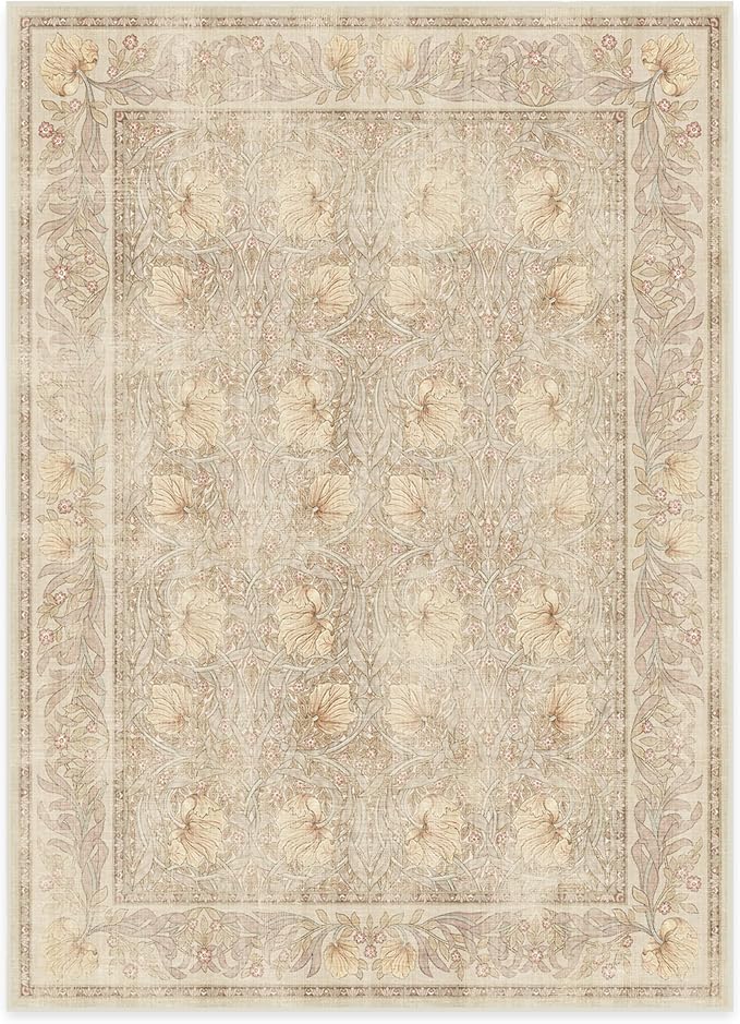 RUGGABLE x Morris & Co Washable Area Rug – Pimpernel Vintage Stone 5x7, Stain-Resistant, Non-Slip – Medium Machine Washable Rugs for Living Room, Bedroom, Hallway, Entryway & Office–with Standard Pad