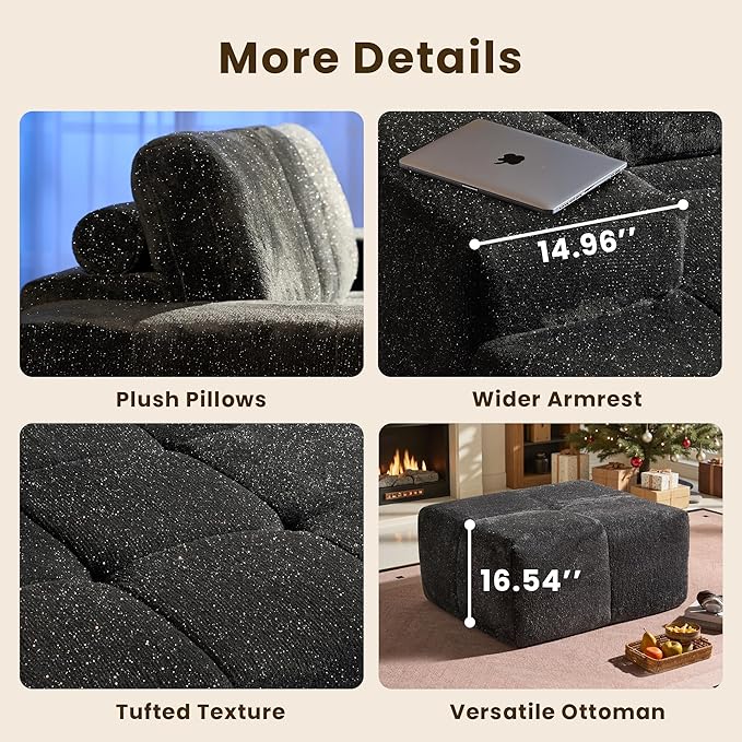 114" Glitter Cloud Sectional Couch with L-Shape Chaise & Ottoman, Modern Boneless Couches for Living Room, Fluffy Tufted Deep Seat Modular Sofa No Assembly (Gray Sparkly Velvet,Left Facing)