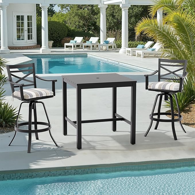 Pellebant 30" Sunbrella Outdoor Bar Stools Set of 2, Aluminum Swivel Patio Bar Height Barstools with Back & Footrest, Tall Barstool Chairs for Deck Lawn Garden, Milano Char