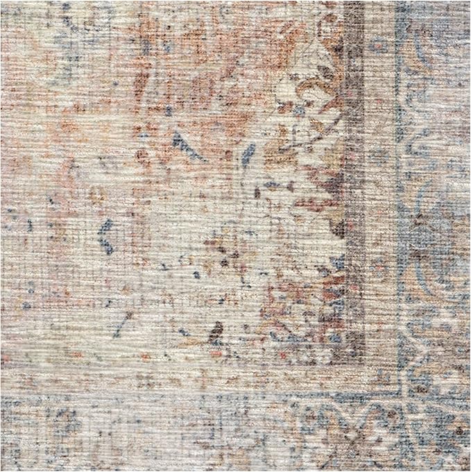 RUGGABLE Washable Vintage Area Rug – Sarrah Coral 8 ft Round, Stain-Resistant, Non-Slip – Large Machine Washable Rugs for Living Room, Bedroom, Hallway, Entryway & Office–with Cushioned Pad