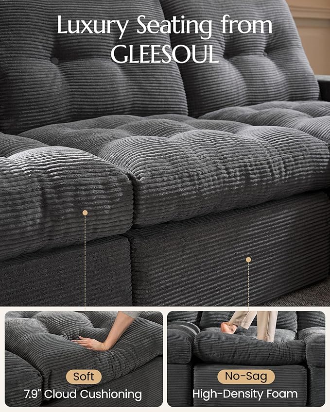 High Back Boneless Couch, U Shaped Cloud Couch with Versatile 2-Pack Pillow Blankets, Corduroy Modular Sectional Sofa with Ottoman, No Assemble Sectional Couches for Living Room, Dark Grey