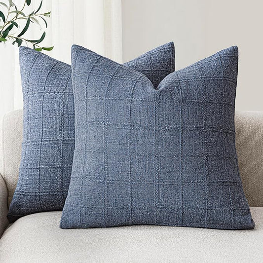 Foindtower Set of 2 Decorative Linen Check Throw Pillow Covers Neutral Farmhouse Vintage Cushion Covers Modern Coastal Boho Home Decor for Sofa Chair Couch Bedroom Living Room,22×22 Inch,Blue