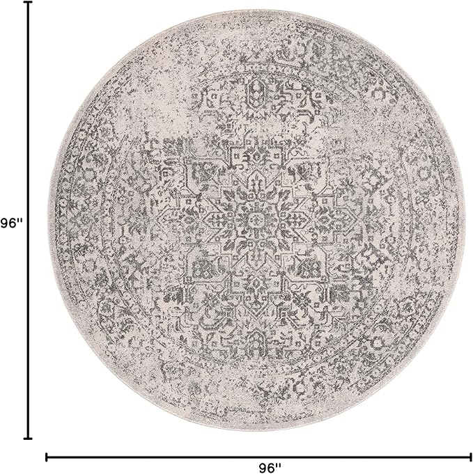 SAFAVIEH Evoke Collection Area Rug - 8' Round, Ivory & Grey, Distressed Design, Non-Shedding & Easy to Clean, Ideal for Living Room, Bedroom, Dining Space (EVK256F)