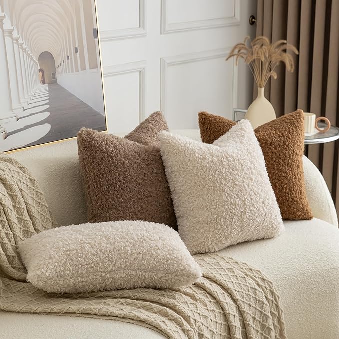 Pack of 2 Curly Teddy Wool Faux Fur Throw Pillow Covers Fuzzy Accent Soft Sherpa Pillowcases Sheepskin Fleece Decorative Cushion Case for Sofa Couch Living Room 12x20 Inch Neutral Light Beige