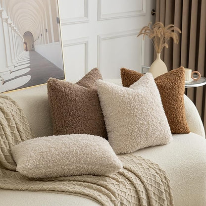 Pack of 2 Curly Teddy Wool Faux Fur Throw Pillow Covers Fuzzy Accent Soft Sherpa Pillowcases Sheepskin Fleece Decorative Cushion Case for Sofa Couch Living Room 18x18 Inch Neutral Light Beige