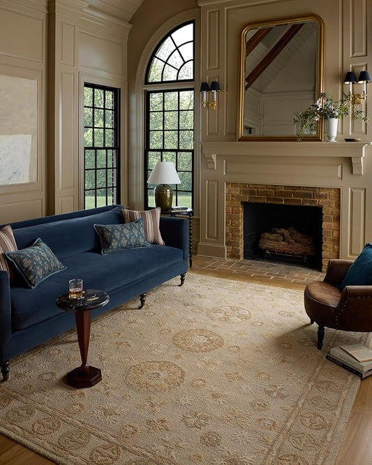 Loloi Chris Loves Julia Dorothea Collection DRT-03 Dove/Natural 2'-6" x 7'-6" Runner Rug Wool Neutral Floral Living Room Bedroom Carpet