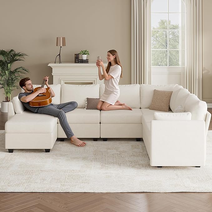 Modular Sectional Sofa Couches, Large Convertible Modular Couches with Storage, 7-Seater Sectional Sofa for Living Room, U Shaped Sectional Couch Sleeper Sofa with Chaise (Beige, 7 Seats)