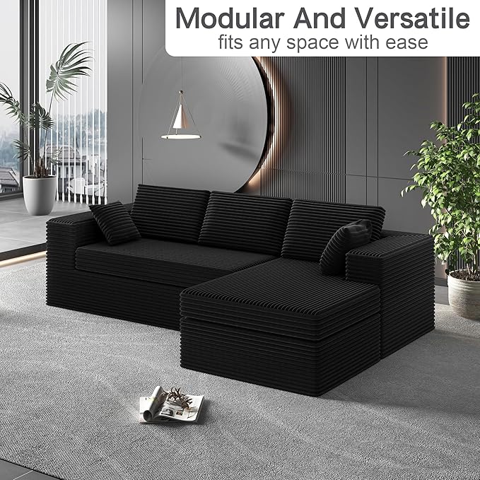 108-inch Boneless Couch for Living Room，Comfy Boneless Sofa with Deep Seats & Chaise Lounge, 3-Seat Modular Sofa Memory Foam Sectional Couches - No Assembly Required(Dark Black)