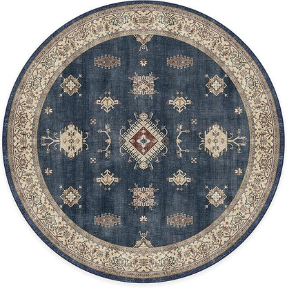 RUGGABLE Washable Vintage Area Rug – Verena Sapphire 8 ft Round, Stain-Resistant, Non-Slip – Large Machine Washable Rugs for Living Room, Bedroom, Hallway, Entryway & Office–with Cushioned Pad