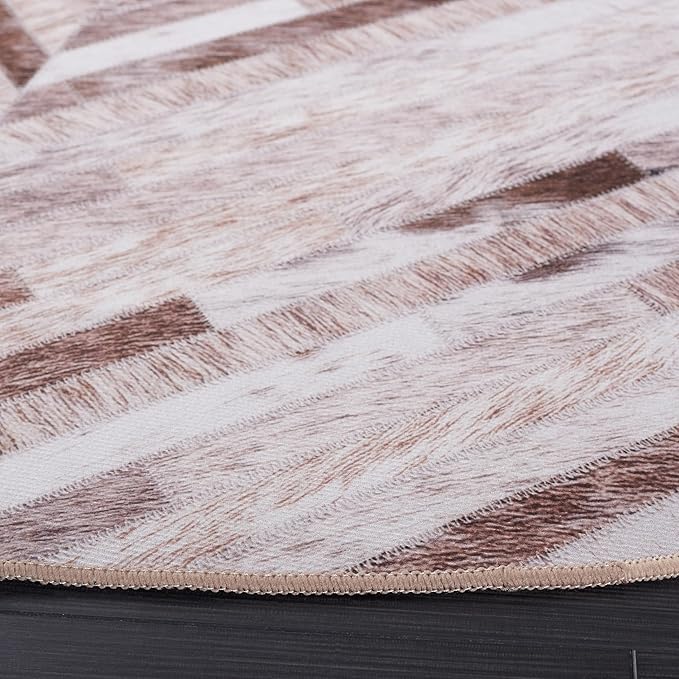 SAFAVIEH Washable Rug Faux Hide Collection - 6' Round, Beige & Brown, Slip Resistant, Western Rustic Decor, Printed Pattern, Ideal for Living Room, Bedroom, Home Office, Dining Space (FAH526A)