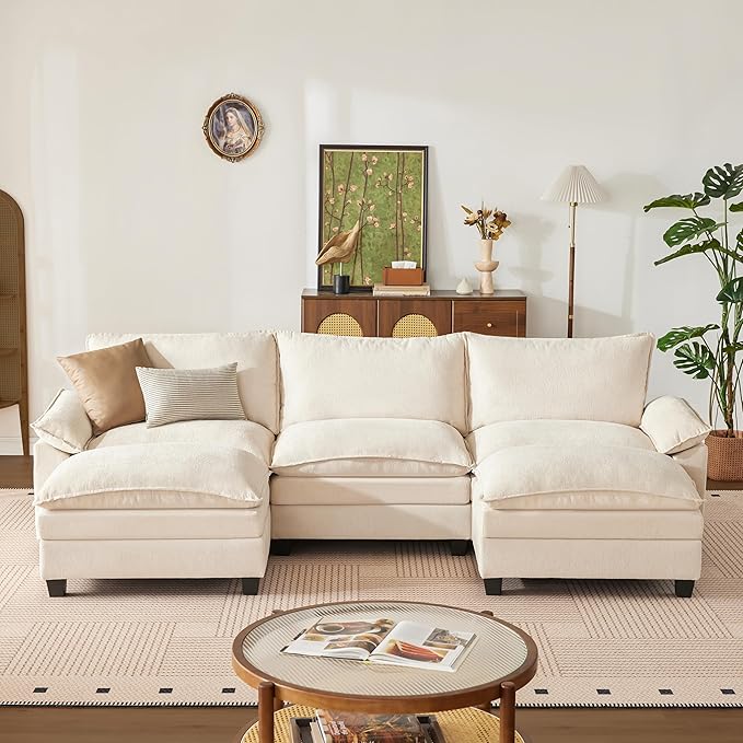 114 Inch Cloud Couch Sectionals with Ottoman, Big Comfy Modular Couches, Cloud Sofas, L Shaped 5 Seat Modular Sectional Sofa, Modern Sectional Couches for Living Room, Deep Seat Sofa, Beige