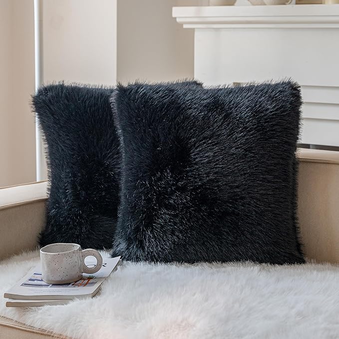 Neelvin Black Faux Fur Cozy Fluffy Double-Sided Decorative Throw Pillow Covers 20x20 inch Set of 2,Velvet Pillowcase Cushion Case for Sofa Couch