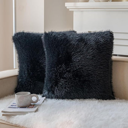 Neelvin Black Faux Fur Cozy Fluffy Double-Sided Decorative Throw Pillow Covers 18x18 inch Set of 2,Velvet Pillowcase Cushion Case for Sofa Couch