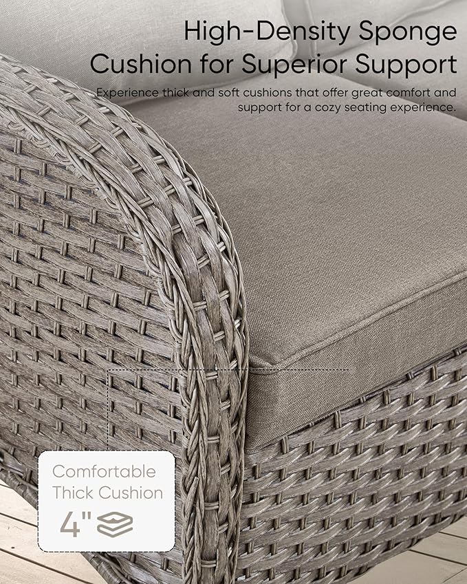 HUMMUH Wicker Patio Furniture Set-All Weather Rattan Patio Sofa Set with Swivel Rocker Chairs Outdoor Conversation Set for Deck Lawn Porch Balcony Poolside-Grey/Grey