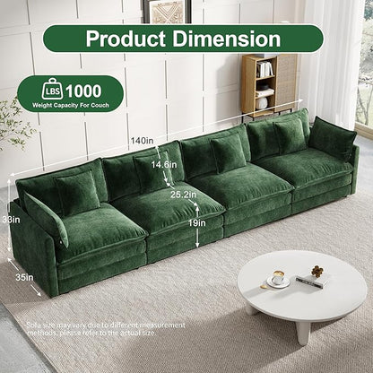 Modular Sectional Sofa, 146.5 Inch I-Shaped Cloud Sofa with Deep Seat Chenille Sofa with Cushions, Four Seater Sectional Sofa for Living Room Apartment,Evergreen