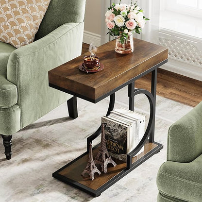 Tribesigns Narrow Side Table Brown Black C Shaped End Table Modern Bedside Tables for Couch, Small Sofa Tables with Metal Frame for Living Room (1, Brown+Black)