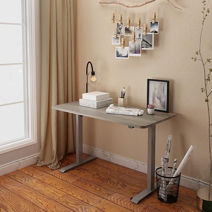 FLEXISPOT EN1 One-Piece Standing Desk 55 x 28 Inches Height Adjustable Electric Desk (Silver Frame + Grey Wood Grain Top, 2 Packages)